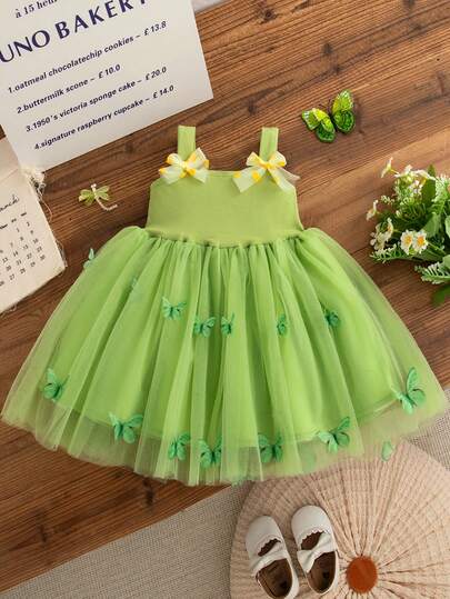 Summer Baby Girls Butterfly Decor Patchwork Tulle Spaghetti Strap Princess Party Dress, Cute Flower Girl Mesh Tutu Skirt