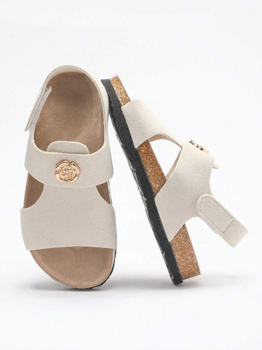 1 Pair Girls' Gold Floral Emblem Decor Faux Suede Upper, Rubber Sole With Soft Cork Midsole, Non-Slip Shock Absorbing Open Toe Hook And Loop Strap Flat Sandals, Fashionable Casual For Daily & Holiday Wear - Beige - View 1