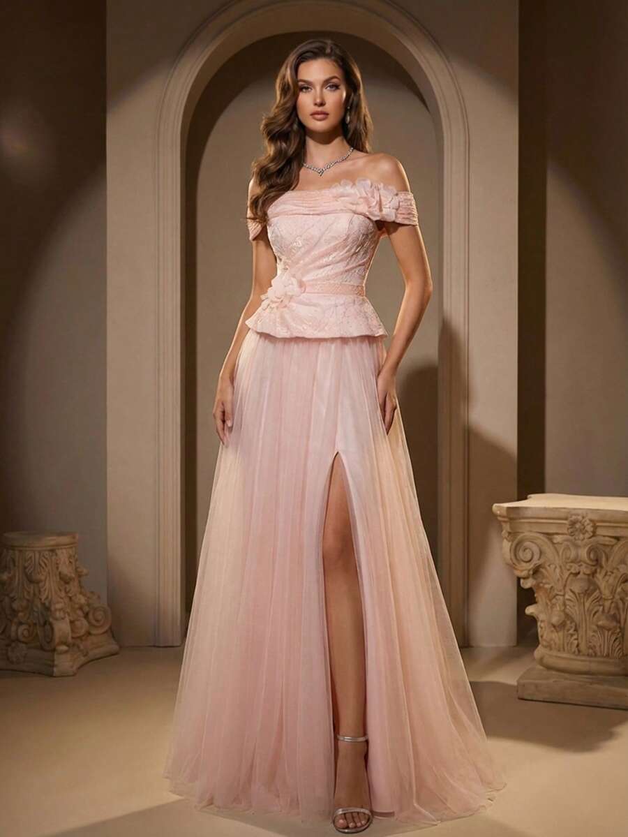 Light Pink Lace-Embroidered 3D Flower Off-Shoulder Peplum Waist Tulle Train Princess-Style Evening Gown Vacation Party - Baby Pink - View 1