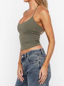 Vaiaye Sexy Backless Women's Camisole, Solid Color Sleeveless Casual Spaghetti Strap Tank Top, Retro Sexy Fitted Open Back Sports Yoga Casual Vest, 2025 Summer Holiday Wear - Green - View 9