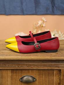 Zapatos Mary Jane de punta cuadrada retro, zapatos planos con correa para vestir - piel amarilla - Ver 3