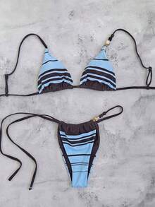 Bộ bikini gợi cảm màu xanh dương và nâu sọc đính hạt, kiểu dáng thanh lịch dành cho nữ, thích hợp cho kỳ nghỉ hè trên bãi biển, phù hợp cho các bữa tiệc và tụ họp, mùa xuân. - Nhiều màu - Xem 3