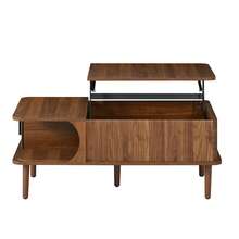 Retro-Modern Coffee Table, Height-Adjustable Top, Sliding Door, Walnut Finish, Vertical Grooves, Wooden Legs, Multifunctional Living Room Table - Walnut - View 7