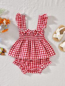 2pcs/Set Baby Girls' Cute Bow Decor Red & White Plaid Camisole Top And Shorts Set, Summer - Red - View 3