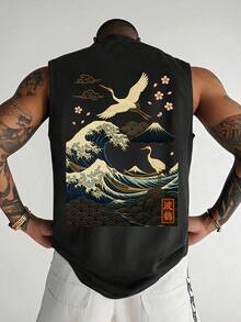 YUNCHIC 男士夏季日常浮世绘神奈川浪、鹤、山印花无袖圆领背心，休闲、办公、户外、都市、修身、优雅、青春、简约、百搭、质感、自然、文艺、运动 - 黑色 - 查看 1