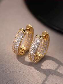 一对铜质时尚优雅个性复古百搭水钻几何圈形耳环，适合少女日常、节日、派对佩戴 - 幾何 - 查看 3