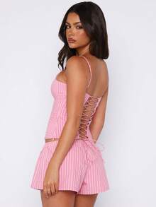 Women's Striped 2-Piece Set Square Neck Spaghetti Strap Crop Top  High Waisted Casual Shorts - Pink - View 4