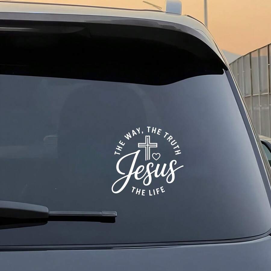 1pc Christian Vehicle Decal - Cross Design With Bible Verse "The Way, The Truth, The Life" - 5 Inch Disposable Vinyl Sticker, Self-Adhesive - A - View 1