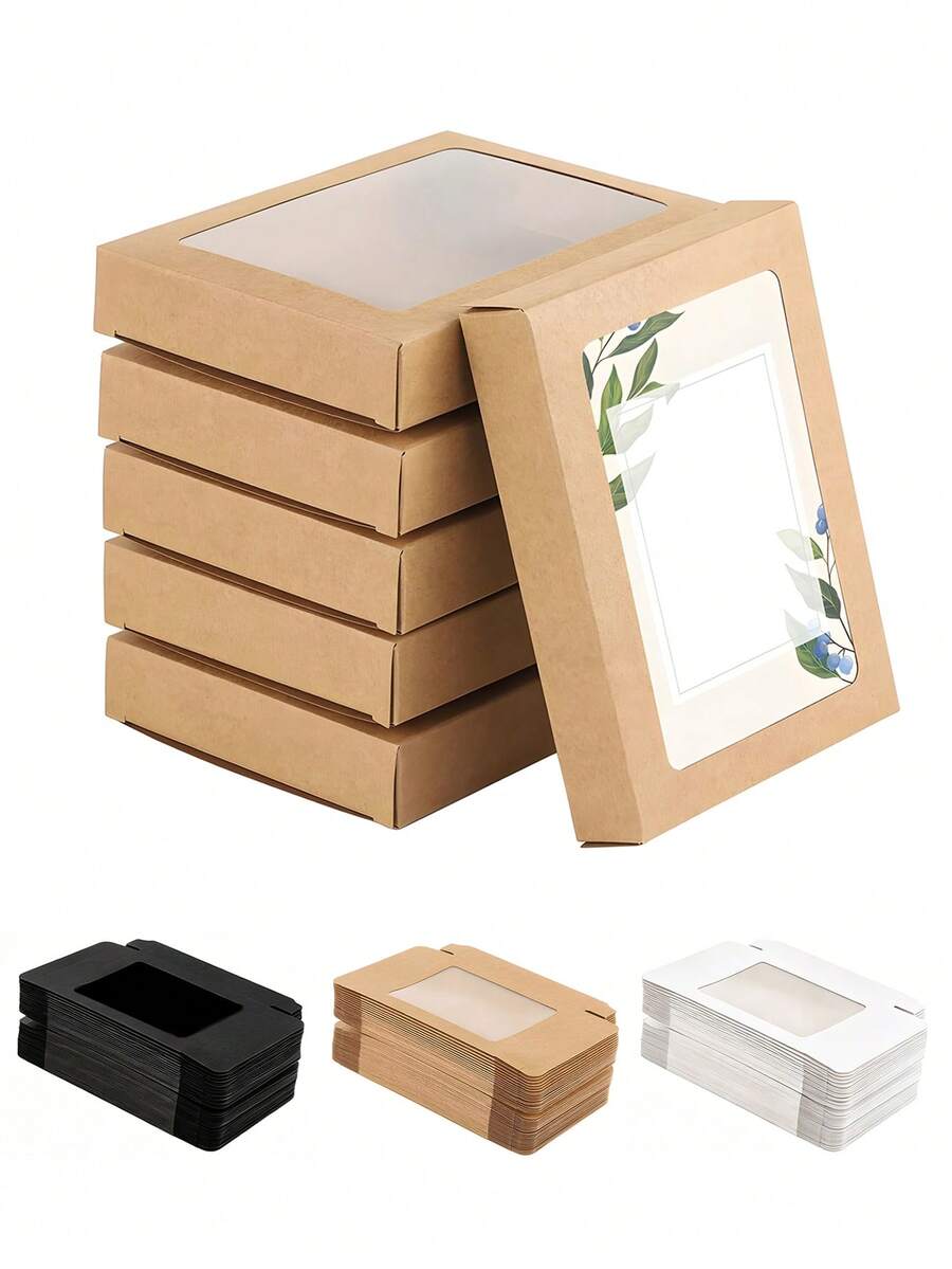 12pcs Kraft Paper Boxes With Window, 4.5" X 6" X 1" Brown/Black/White Color Gift Packaging Boxes, Suitable For Wedding, Packaging, Gifts, Birthday Party Decoration Storage - Multicolor - View 1