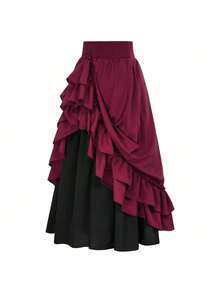 Halloween Costume, Retro Court Style, Ruffles, Wooden Ear Trim, Drawstring, Colour Block, Large Hem, Half Skirt - SK2403 [Red/Black] - View 8