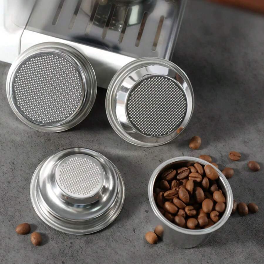 1PC Stainless Steel Powder Bowl Espresso Semi-Automatic Coffee Machine 51/53/58mm Single/Double Shot Powder Cup 4-Person Cup Brewing Head Filter Bottomless Handle Filter Mesh - Silver - View 1