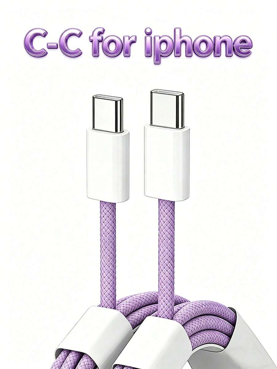 2条60W编织USB-C转USB-C快充数据线，兼容 15/16和安卓设备 - 2件-紫色 - 查看 1