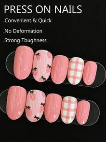 Set Stiker Kuku Oval Timbul 24 Buah, Motif Kotak-kotak Merah Muda Manis, Gingham, Pola Stroberi, Desain Gaya Akademik, Cocok untuk Musim Semi & Musim Panas. Dekorasi Seni Kuku, Produk Perawatan Kuku. Kuku Palsu Oval. Cocok untuk Wanita dalam Acara Sehari-hari, Kerja, Pesta, Kencan, Menambah Pesona! - Berwarna merah muda - View 3
