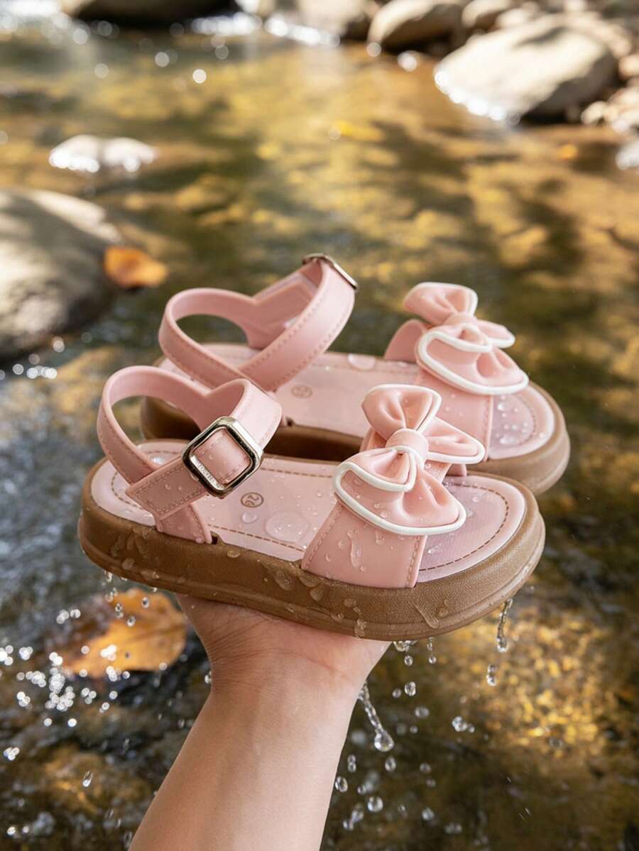 女童公主夏季凉鞋，儿童夏季沙滩鞋，露趾鞋，时尚蝴蝶结休闲平底凉鞋，粉色
