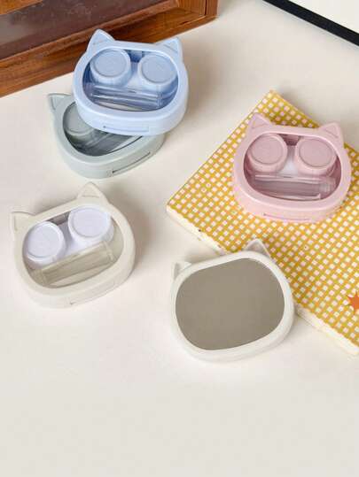 1PC Simple And Cute Contact Lens Case, With Built-In Mirror, Solid Color Portable Contact Lens Case, Cat-Shaped Simple And Cute Contact Lens Case