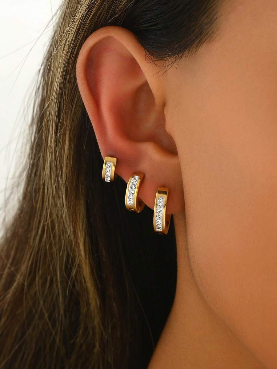 6pcs Set Retro Chic Metal Single Row Micro-Inlaid Diamond Round Hoop Earrings, Suitable For Daily Wear - Multicolor B - View 1