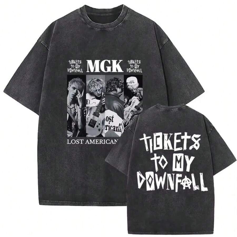 Rapper MGK Lost Americana Tour 2026 T-Shirts Vintage Washed Graphic T Shirt 's Hip Hop Short Sleeve T-Shirt - 25 - Xem 1