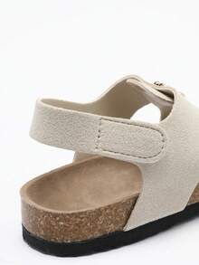 1 Pair Girls' Gold Floral Emblem Decor Faux Suede Upper, Rubber Sole With Soft Cork Midsole, Non-Slip Shock Absorbing Open Toe Hook And Loop Strap Flat Sandals, Fashionable Casual For Daily & Holiday Wear - Beige - View 7