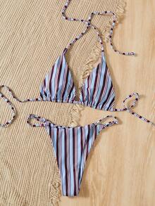 Bộ bikini gợi cảm kẻ sọc xanh dương và nâu dành cho nữ, áo và quần bikini tam giác buộc dây bên hông, đồ bơi đi biển cho kỳ nghỉ hè, trang phục đi biển ngày 4 tháng 7. - Nhiều màu - Xem 8