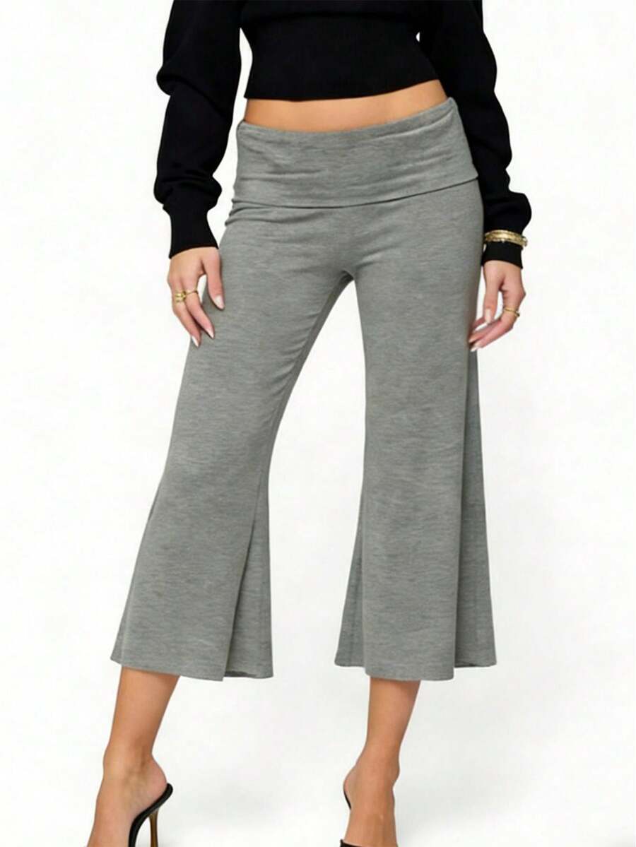 Women's Fold Over Waist Capri Fashionable Casual Solid Color Low Rise Wide Leg Crop Pants - Grey - View 1