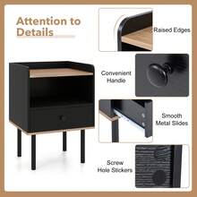 GOFLAME Modern Nightstand With Drawer & Open Shelf, Bedside Table With Metal Legs, Compact Sofa Side Table For Living Room, Bedroom, Small Spaces - Black - View 3