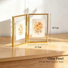 Foldable Dual Gold Metal Vertical Photo Frame, 4"X6", 5"X7", 6"X8", 8"X10" Clear Glass Desktop Display, Home Decor Gift - 1PC - View 12