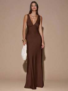 Vestido de tirantes con escote en V profundo y espalda descubierta, de unicolor amarillo/crema, estilo minimalista y sexy, adecuado para fiestas, eventos de cóctel, ocasiones formales, vestidos de dama de honor, vestidos de cumpleaños, vestido de satén amarillo, Navidad, banquetes, casual de negocios - Café integral - Ver 3