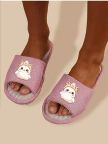 New Animal Open-Toe Linen Slippers, Spring/Autumn Household Slippers, Solid Color Cute Fabric Slippers, Non-Slip Breathable Unisex Slippers - Pink - View 3