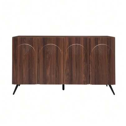 Mid-Century Design Sideboard, Black Hallway Cabinet With 3D Grooves And Arched Doors, Engineered Wood, Adjustable Shelves, Gold-Colored Metal Legs.