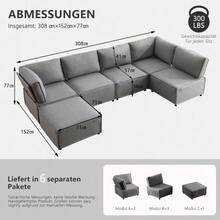 Set Of Semi-Compressed Modular Wooden Sofas, Versatile, Flexible And Easy To Connect, Suitable For Any Type Of Home, Upholstered In Beige Linen Fabric (Combination 2A+3B+C). - Light Grey - View 6