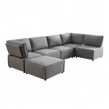 Set Of Semi-Compressed Modular Wooden Sofas, Versatile, Flexible And Easy To Connect, Suitable For Any Type Of Home, Upholstered In Beige Linen Fabric (Combination 2A+3B+C). - Light Grey - View 7