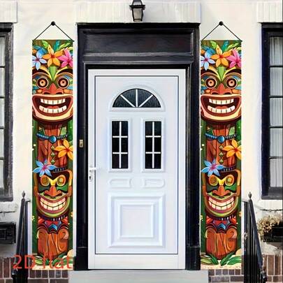 2 tấm câu đối chào mừng hình Tiki Totem, in độ phân giải cao trên sợi polyester, thích hợp trang trí tường nhà trong nhà và ngoài trời, trang trí phông nền tiệc tùng, tiệc kiểu Hawaii, sân vườn và tạo không khí.