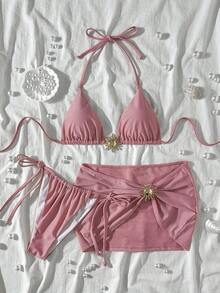 性感浪漫浅紫色三件套比基尼套装 - 金属装饰挂脖上衣、高腰侧系带泳裤和不对称罩衫 | 女士沙滩度假泳装夏季 - 紫色 - 查看 3