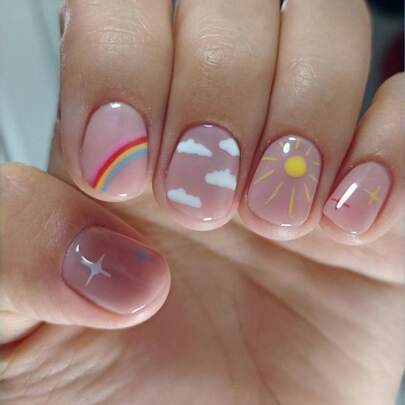 24 móng giả vuông ngắn, họa tiết cầu vồng mùa hè, mặt trời, sao và mây. Cầu vồng tuyệt đẹp, những đám mây bồng bềnh, các chi tiết mặt trời và sao nhỏ, phong cách ngọt ngào, lớp phủ bóng, nghệ thuật vẽ móng Macron, móng giả vuông ngắn, miếng dán móng, thích hợp cho đi lại hàng ngày, những chuyến đi chơi mùa xuân, hẹn hò và tụ họp.