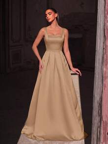 Faeriesty 派对优雅祖母绿无袖长款连衣裙，采用奢华无弹缎面料，饰有方形领带和露背设计，适合伴娘穿着。 - 香檳色 - 查看 3