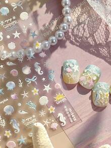 MAOMIA Seashell Full Nail Stickers, Fresh Ocean Style, Waterproof Long-Lasting Removable Nail Art Decals For Summer - Multicolor - View 3