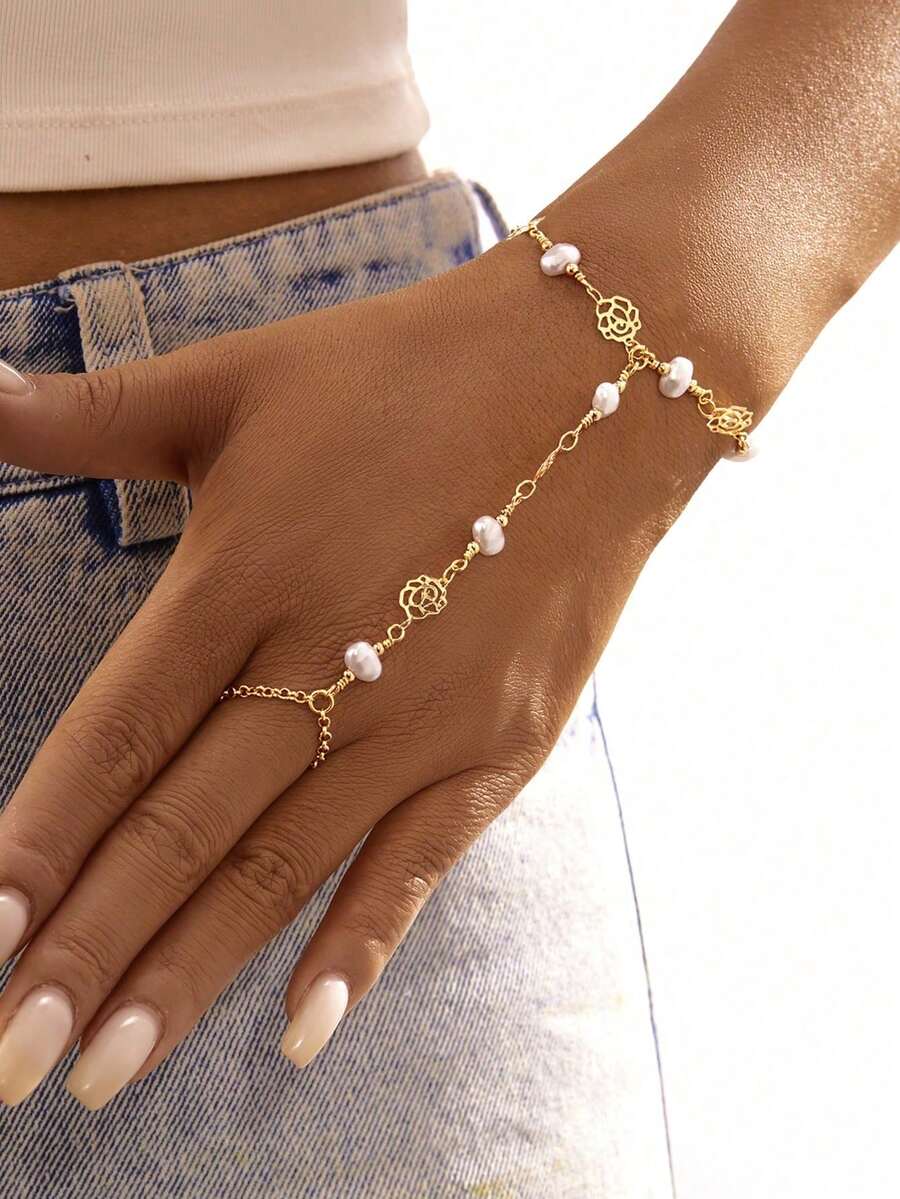 1pc Fashionable Versatile Minimalist Pearl & Floral Elegant Lady's Full Finger Bracelet, Suitable For Any Occasion - Beach, Party, Daily Commute, All Seasons. [Pearl Size & Quantity Randomly Assorted] - Gold - View 1