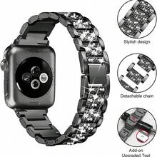 1条兼容的表带，男女通用，闪亮时尚黑色金属手链，兼容 38mm、40mm、41mm、42mm、45mm、46mm、49mm，Series 10/9/8/7/6/5/4/3/2/1/SE/Ultra，可调节腕带，钻石不锈钢金属表带 - 黑色 - 查看 3