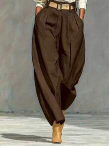 Women's Solid Color Zipper Pocket Pleated Casual Loose Pants (Belt Not Included) Spring - Chocolate Brown - View 3