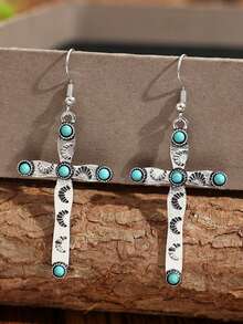 1 Pair Retro Western Style Cross Inlaid Turquoise Pendant Earrings, Vintage Distressed Cross Earrings For Women - Antique Silver - View 5