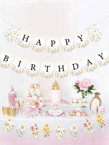 一套野花主题生日快乐横幅，生日派对三角旗，春季花卉主题婴儿派对用品，女孩生日派对装饰，新生儿性别揭晓派对墙面装饰，婴儿房装饰，一周岁生日装饰，生日派对用品 - 野花 - 查看 4