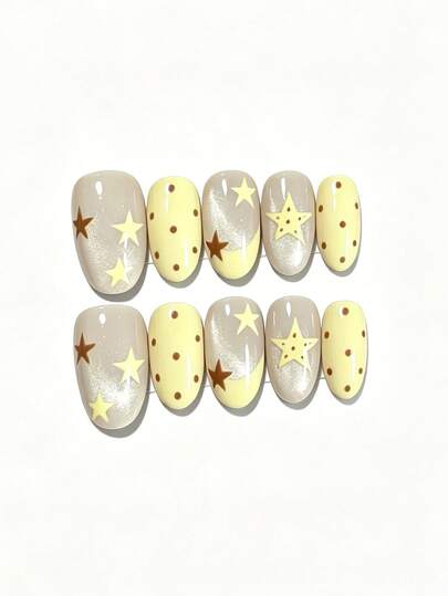10pcs It Features A Warm And Cozy Palette Of Creamy Butter Yellow, Soft Taupe Gray, And Rich Chocolate Brown, Adorned With Hand-Sculpted 3D Star And Moon Motifs, And Classic Retro Polka Dots, Exuding A Sweet And Gentle Korean Daily Chic Vibe.
