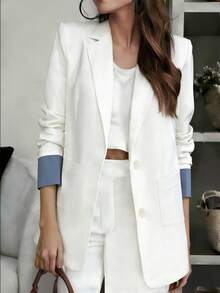 Contrast Color Button Pocket Lightweight Jacket, Suitable For Office Wear, Spring/Summer White - White - View 6