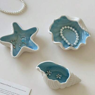 Decorative Ceramic Jewelry Tray, Seashell, Starfish Shaped Trinket Dish, Ceramic Ring Earring Holder, Ocean Theme Decor Plate For Rings, Earrings, Necklaces, Bracelets, Watches, Keys, Home Decor For Bathroom, Bedroom, Office Best