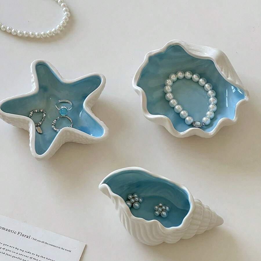 Decorative Ceramic Jewelry Tray, Seashell, Starfish Shaped Trinket Dish, Ceramic Ring Earring Holder, Ocean Theme Decor Plate For Rings, Earrings, Necklaces, Bracelets, Watches, Keys, Home Decor For Bathroom, Bedroom, Office Best - 2pcs - View 1