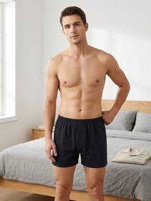 100% Cotton Boxers For Men Loose Fit Soft Knit Solid Color Boxer Shorts Relaxed Fit Cotton Boxers For Men With Button Fly - 黑色 - 查看 3