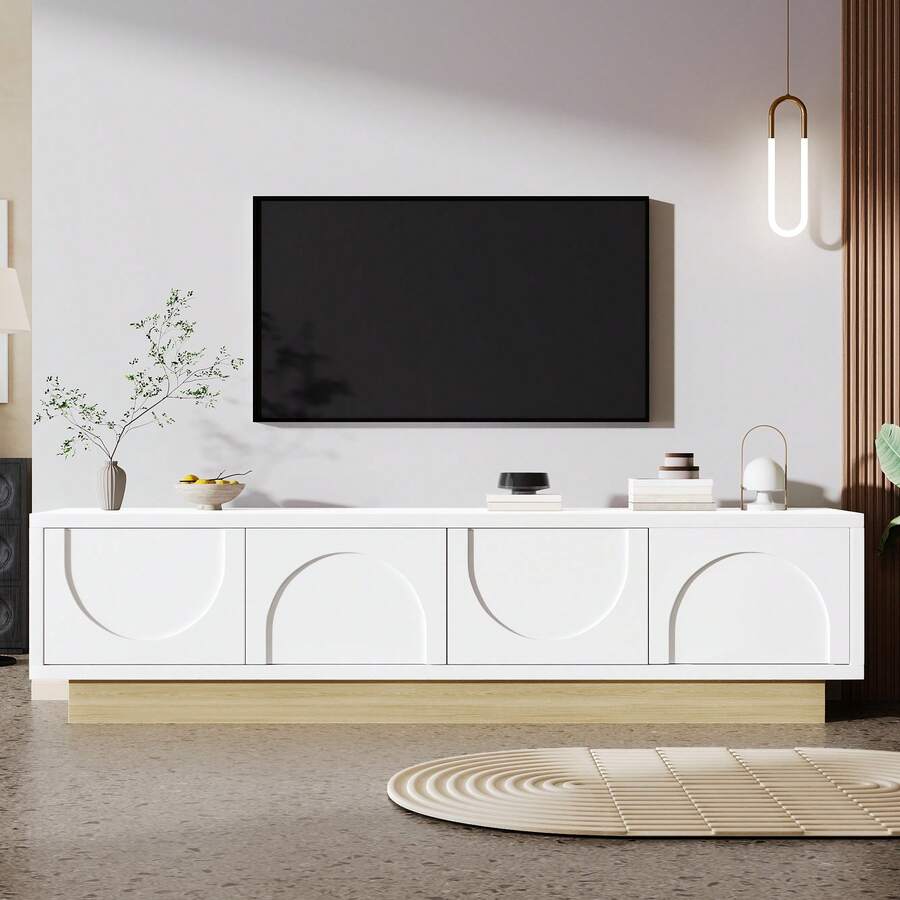Modern TV Unit With Wooden Insert – 175 Cm – Minimalist Curved Design – Plenty Of Storage And Cable Management Space, White, Black. - White - View 1