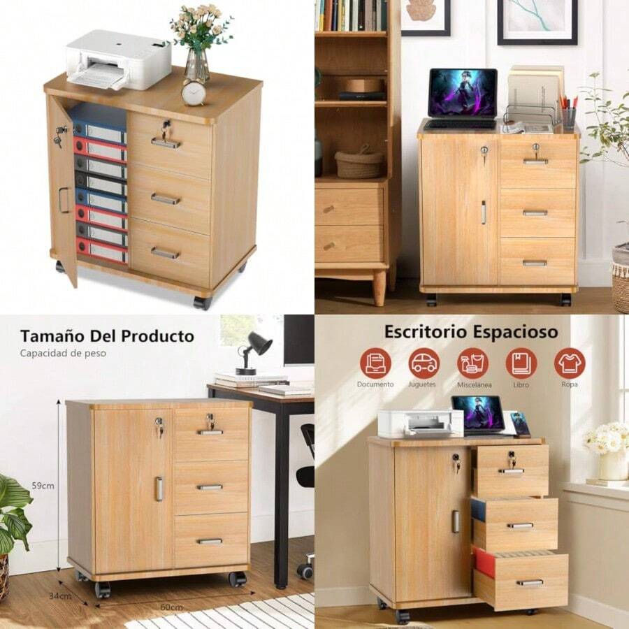 Archivero Organizador Mueble para Impresora Archivador Doméstico con Cerraduras Ruedas y Estantes de Almacenamiento Abiertos Archivador de 3 Cajones para Hogar Oficina Estudio - como en la foto - Ver 1