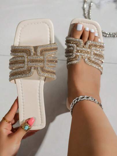 Giày nữ dáng rộng mới, dép lê đính pha lê, sandal casual, sandal đế bằng, giày slip-on thời trang đa năng, phù hợp cho mang hàng ngày.