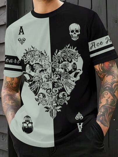 Plus Size Men Skull & Heart Playing Card Print T-Shirt, Casual Color Block Short Sleeve Street Wear For Summer